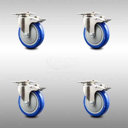 5 Inch 316SS Blue Polyurethane Swivel Top Plate Caster Set Total Lock Brake SCC